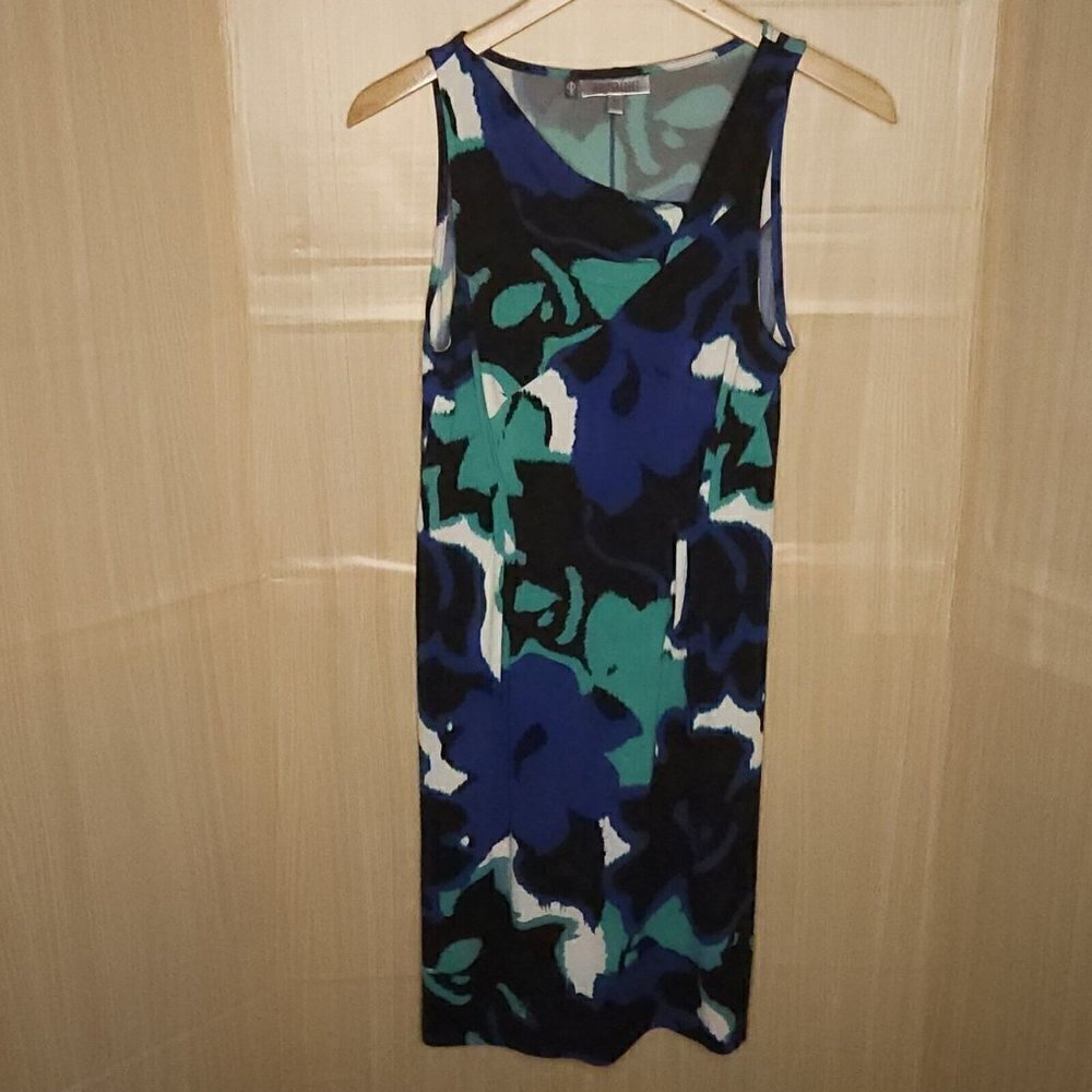Jennifer Lopez Sleeveless Stretchy Blue Black Floral Midi Dress XS